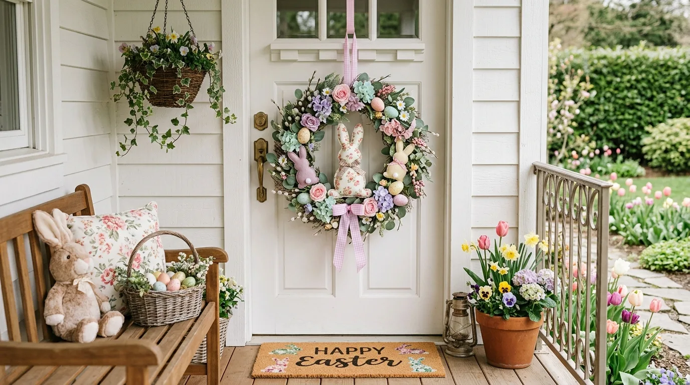 Bunny-themed Easter wreath on front porch